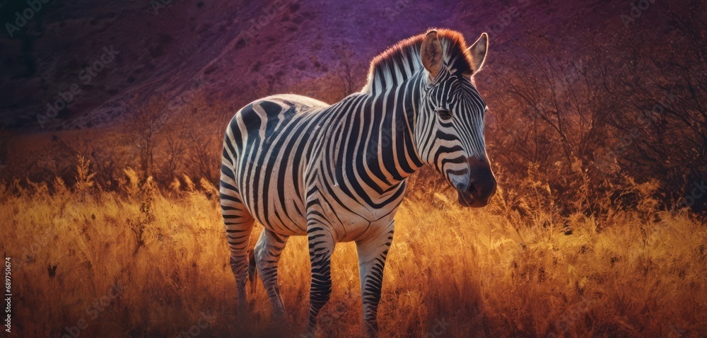 Poster a zebra standing in the middle of a field of tall grass with a mountain in the backgrouf.