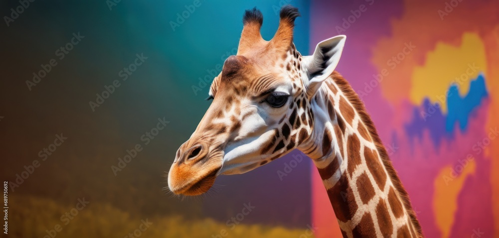 Poster a close up of a giraffe's head in front of a multicolored background of grass.
