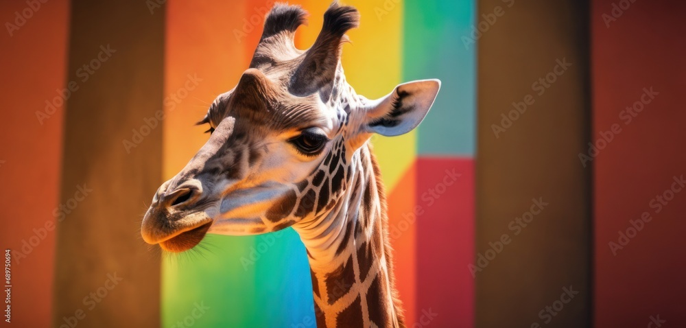 Poster a close up of a giraffe in front of a multicolored wall with a giraffe's head in the foreground.