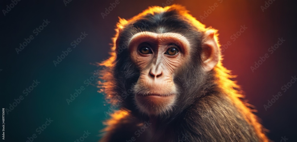 Aufkleber a close up of a monkey's face with a blurry background and a blurry background behind it.