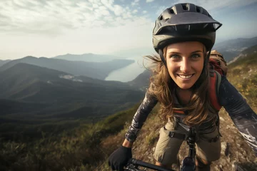 Foto op Aluminium A female mountainbiker ascending a steep slope on the mountains. © Jose Luis Stephens