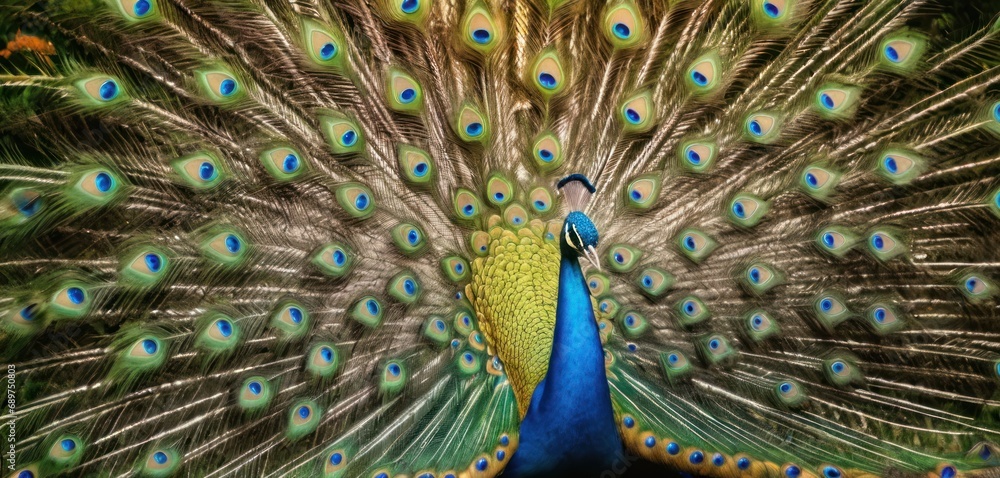 Poster a close up of a peacock's feathers with it's feathers spread out and it's tail showing.