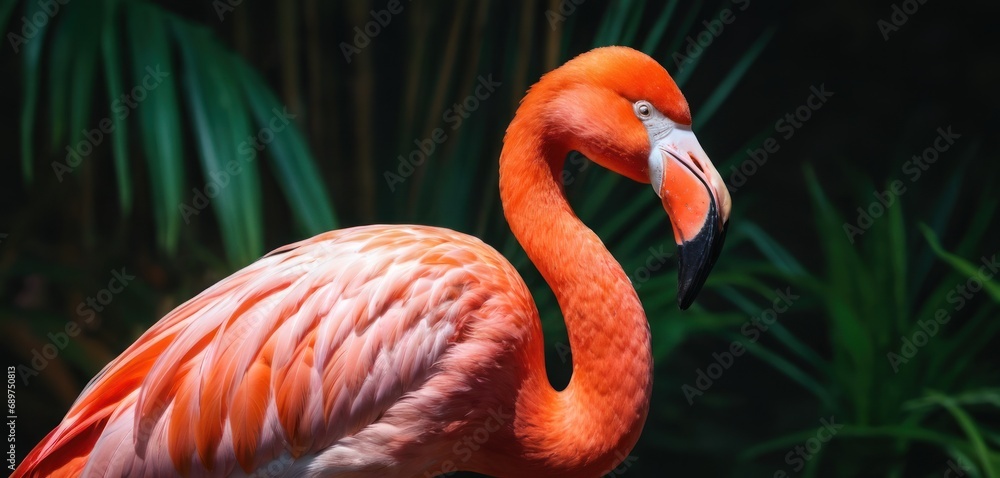 Poster a close up of a pink flamingo standing in front of some palm trees and a green leafy background.