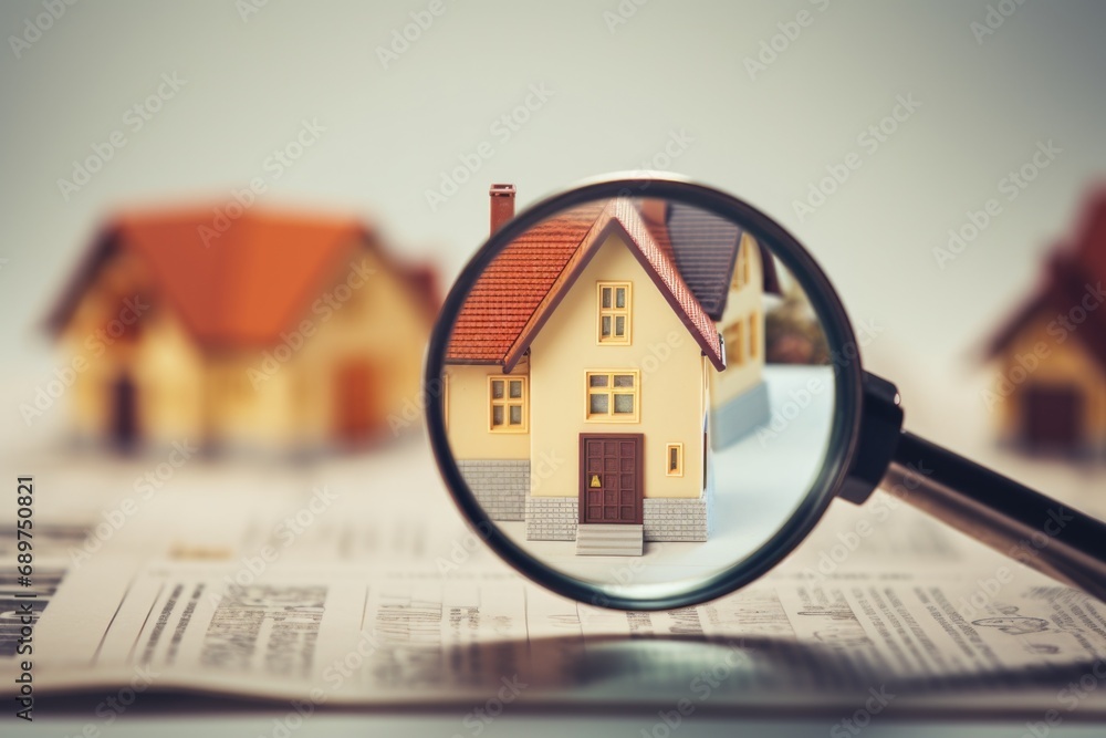Poster a close-up view of a house seen through a magnifying glass. can be used to depict concepts such as r