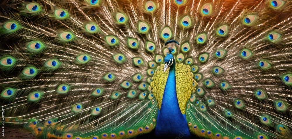 Poster a close up of a peacock's feathers with it's feathers spread out and it's tail showing.
