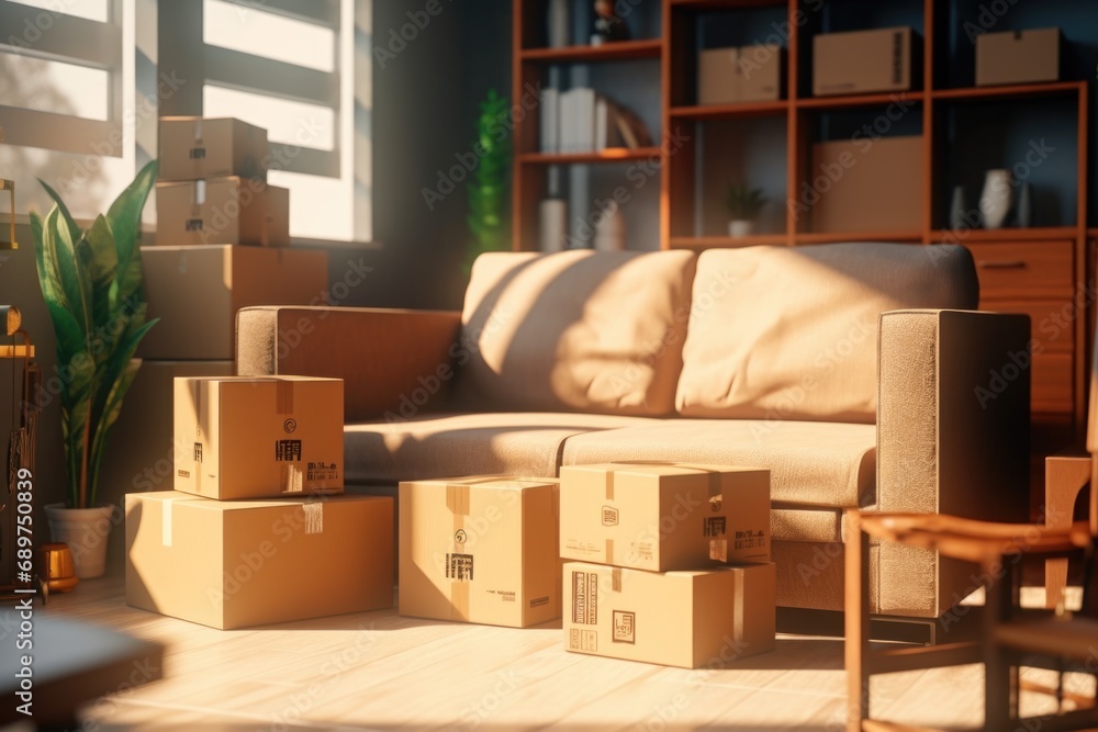 Poster A living room filled with boxes and a couch. Perfect for moving or storage-related content