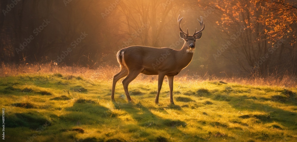 Poster a deer standing in a grassy field with trees in the background and sunlight shining through the tree