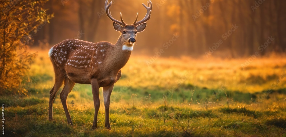 Poster a deer standing in the middle of a grassy field in front of a forest with lots of trees in the backg