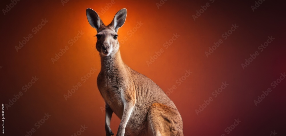 Poster a close up of a kangaroo on a red background with a blurry image of a kangaroo in the background.