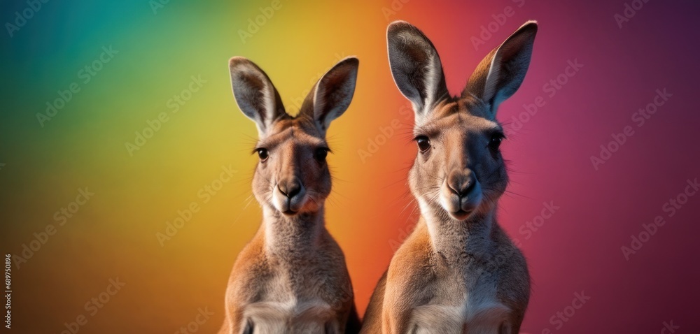 Poster a couple of kangaroos standing next to each other in front of a multicolored background with one loo