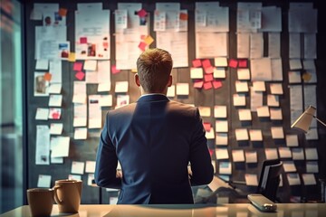A man is seen sitting at a desk surrounded by a wall covered in colorful post-it notes. - obrazy, fototapety, plakaty