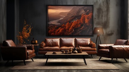 A sophisticated living room featuring a dark brown sofa against a solid mockup wall. The tones and textures of the sofa creates a warm and inviting ambiance.