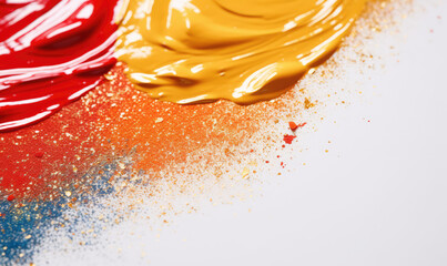 A vivid splash of orange and blue glittery pigments on a white canvas covered with paint. 