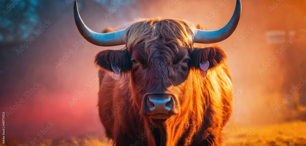 Poster a close up of a bull with large horns standing in a field of grass with a red sky in the background.