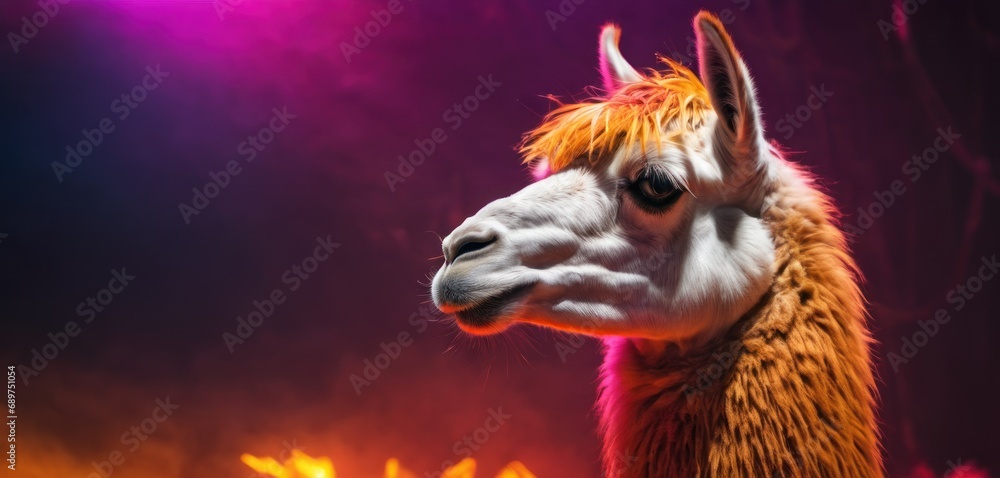Poster a close up of a llama in front of a purple and red background with a light in the background.