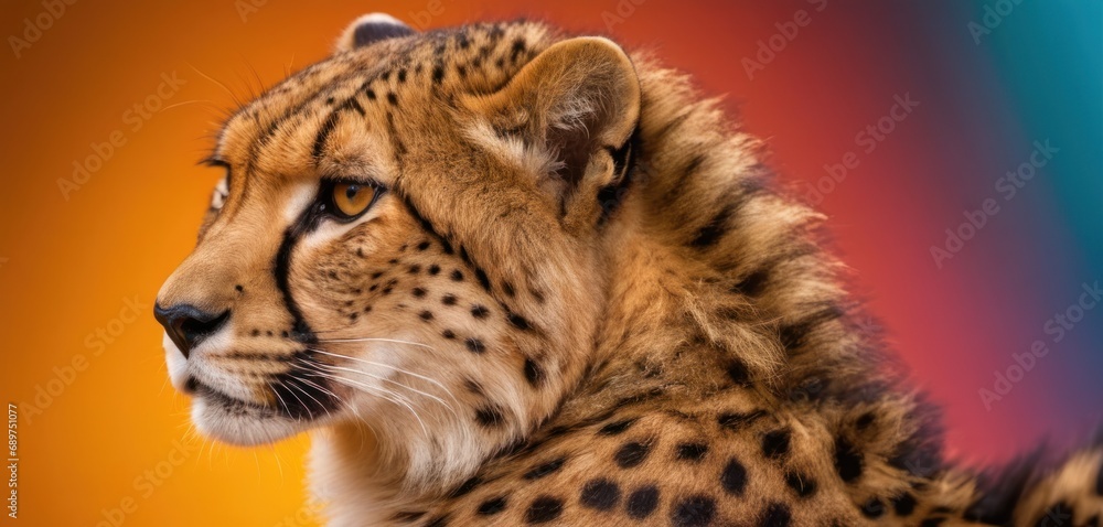 Poster a close up of a cheetah's face with a multi - colored background in the foreground.
