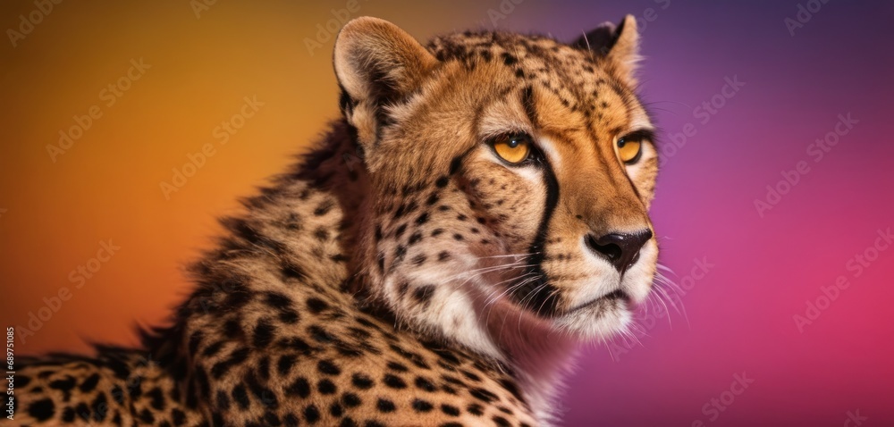 Poster a close up of a cheetah's face with a multi - colored background in the foreground.