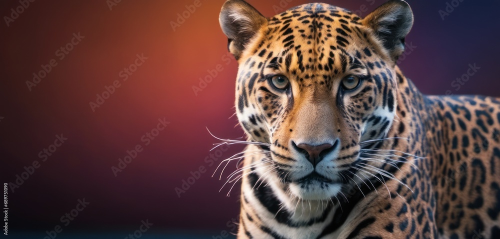 Poster a close up of a leopard on a red background the leopard is in focus, while the background is slightl