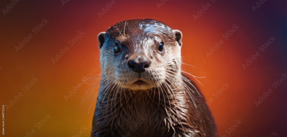 Poster a close up of a wet otter in front of a red and orange background with water droplets on its face.