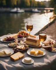 Fototapeta na wymiar luxury picnic with cheese plateau and wine by the Seine river Paris, golden hour