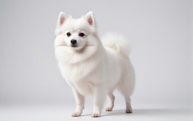 Perro de raza Spitz japon&eacute;s, de pie, sobre fondo gris
