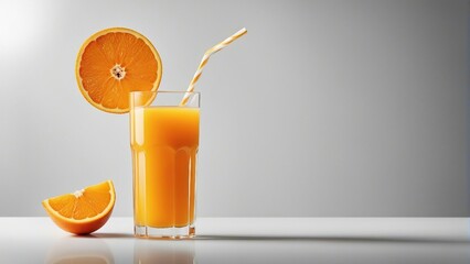 organic orange and orange juice in glass, decorative white stone background, with copy space

