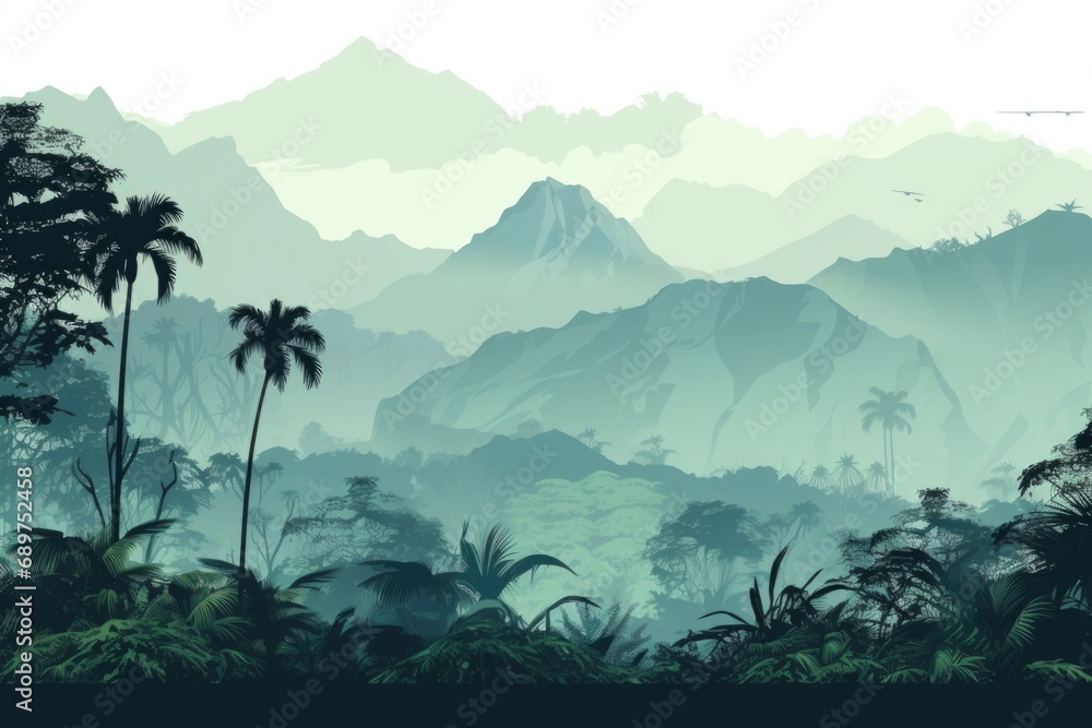 Poster A scenic view of a mountain range with palm trees in the foreground. Ideal for travel and nature-themed projects