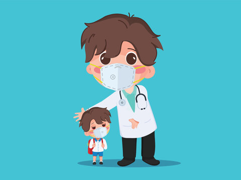 doctor and child wearing masks, blue background clip art preview