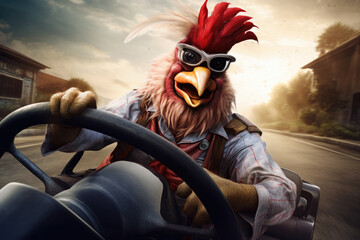 Rooster Driving a Car