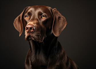 Stunning portrait of a chocolate labrador with mesmerizing amber eyes against a dark backdrop.