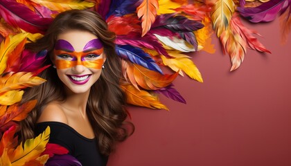 Obraz premium Mysterious woman in elaborate carnival mask on solid color background with text space