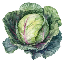 Fototapeta premium Watercolor illustration of a cabbage. Vegetables. Food. Transparent background, png. Ai generated.