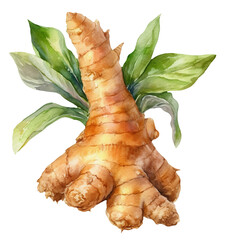Watercolor illustration of a ginger root. Vegetables. Food. Transparent background, png. Ai generated.