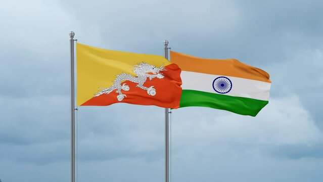 India flag and Bhutan flag waving together on cloudy sky, endless seamless loop, two country relations concept