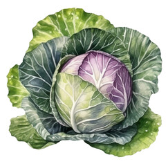 Fototapeta premium Watercolor illustration of a cabbage. Vegetables. Food. Transparent background, png. Ai generated.