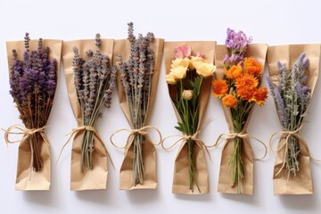 A beautiful bunch of flowers wrapped in brown paper. Perfect for adding a touch of natural beauty to any space