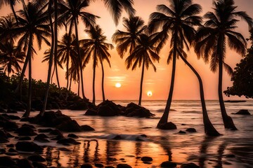 coconut trees at the bank of the lake and river growing together in the beautiful sun set abstract background 