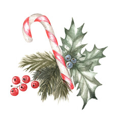 Christmas watercolor card. Lollipop and winter plants. To create a decoration and festive mood