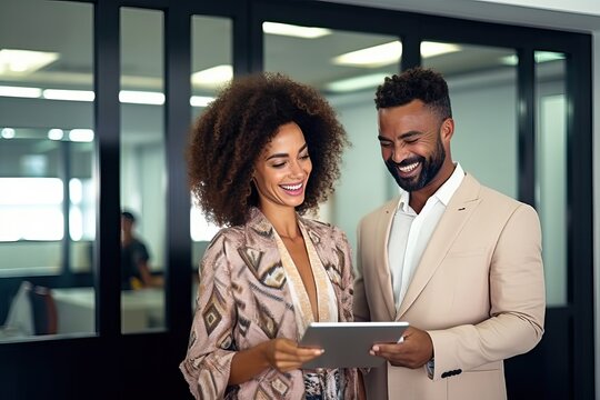 Two busy older professional corporate business executives man and woman holding tablet technology device having discussion working on digital project plan standing in office at meeting.