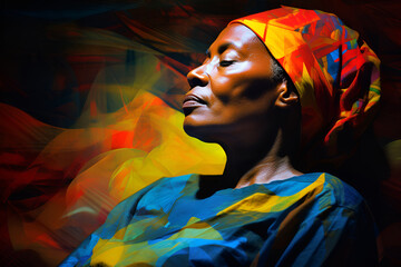 Elegant senior African woman on a vibrant background - obrazy, fototapety, plakaty