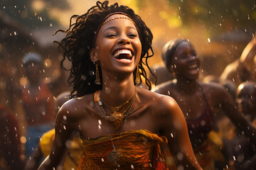 Energetic African woman joyfully dances in the rain on a rustic country street, Black History Month - obrazy, fototapety, plakaty