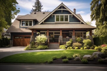 Naklejka premium A picture showcasing a house with a large front yard and meticulously designed landscaping. Perfect for real estate advertisements or home improvement articles