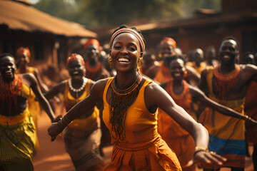 African women and men are dancing a traditional dance of Africa, black history month - obrazy, fototapety, plakaty