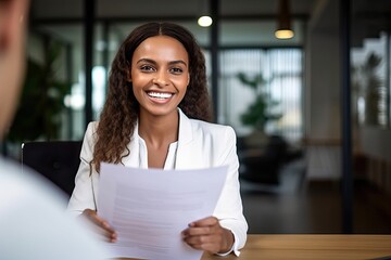 Smiling business woman hr holding cv at job interview. Happy mid aged professional banking financial manager, insurance agent, lawyer consulting clients sitting at work corporate office meeting