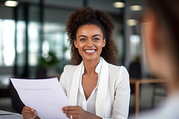Smiling business woman hr holding cv at job interview. Happy mid aged professional banking financial manager, insurance agent, lawyer consulting clients sitting at work corporate office meeting