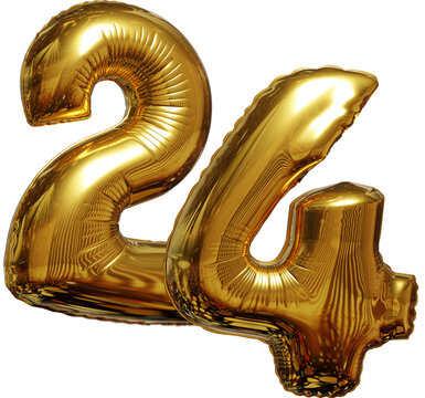 3D illustration of 24 number shaped balloons. Gold balloons in shape of 2 and 4.	
