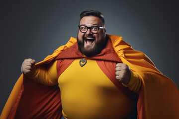 Funny fat positive man in a superhero costume - obrazy, fototapety, plakaty