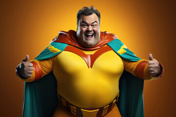 Funny fat positive man in a superhero costume
