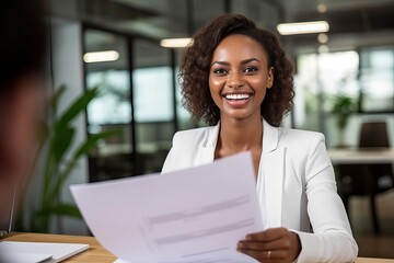 Smiling business woman hr holding cv at job interview. Happy mid aged professional banking financial manager, insurance agent, lawyer consulting clients sitting at work corporate office meeting