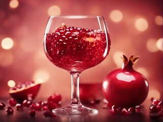 organic pomegranate and pomegranate juice in glass, decorative dark stone background

